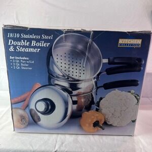 Kitchen Collection 18/10 Stainless Steel Double Boiler Steamer Set 3 Qt 2 Qt Pot